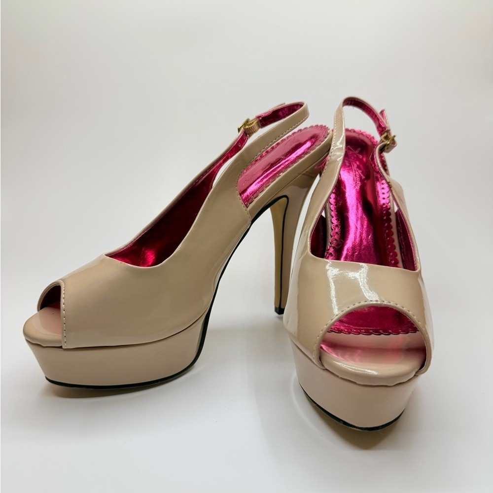 Johnathan Kayne Nude Patent Peep Toe Platform Slingback Heels Pink Insole 7.5M